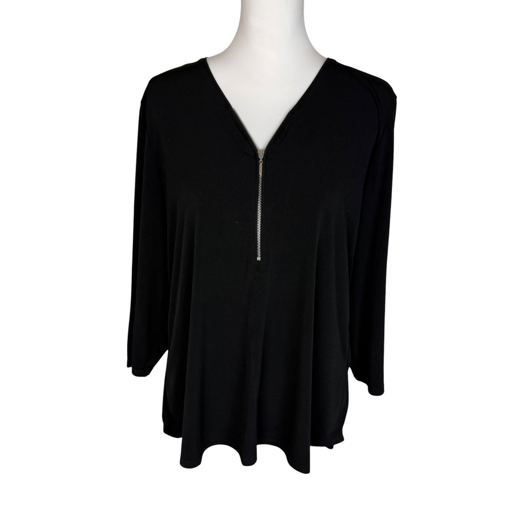 Chicos Cersei Zip Hi Low 3/4 Sleeve Top‎ Black Size 2 (Large) NEW